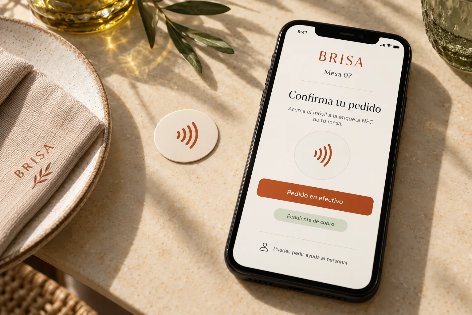 Concepto ilustrativo de un móvil junto a una etiqueta NFC de BRISA. La pantalla indica pedido en efectivo pendiente de cobro.