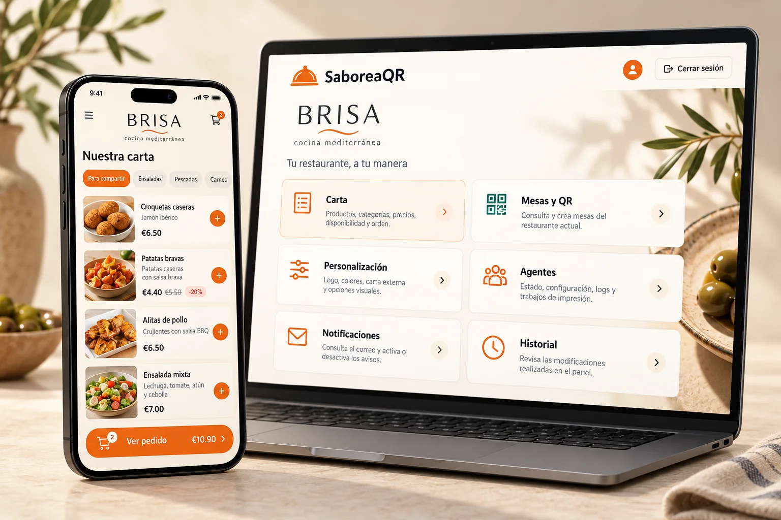 Vista ilustrativa de SaboreaQR en un móvil y un ordenador: carta de BRISA y panel con Carta, Mesas y QR, Personalización, Agentes, Notificaciones e Historial.