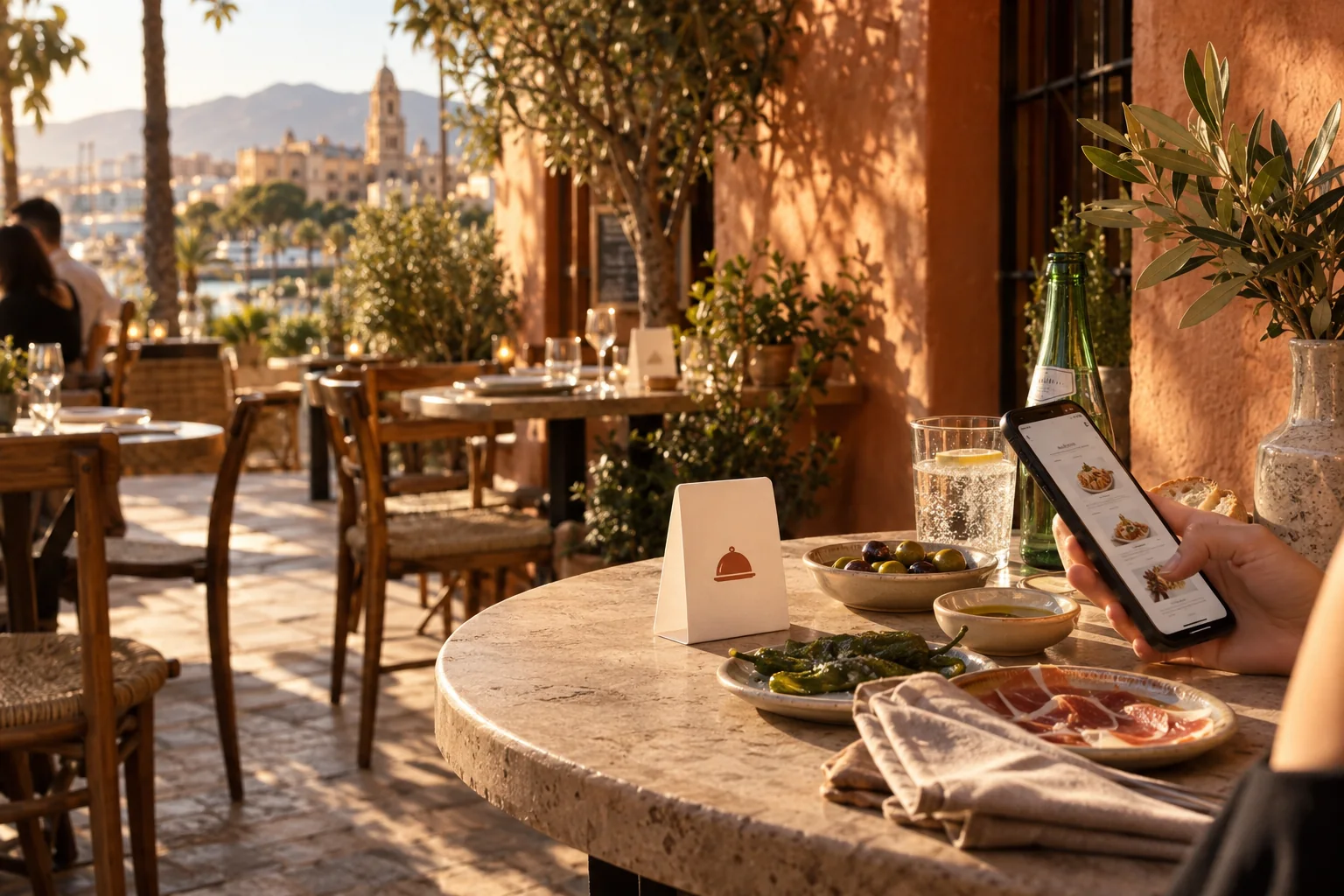 Escena ilustrativa de una terraza mediterránea: una carta en el móvil y una mesa preparada para compartir.